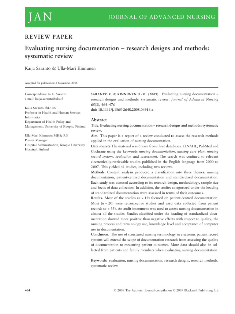 Journal of Advanced Nursing - 2009 - Saranto - Evaluating Nursing ...
