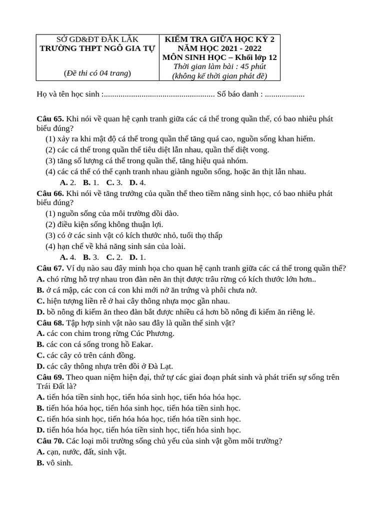 De Thi Giua Ki 2 Sinh 12 | PDF