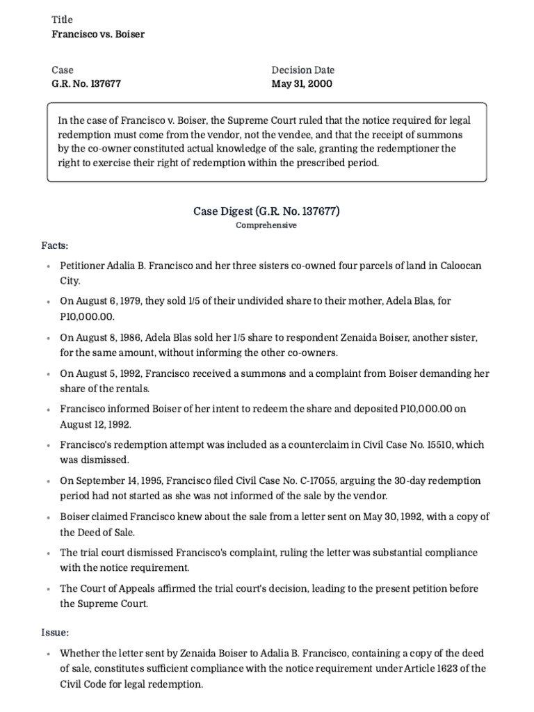 Francisco vs. Boiser | PDF