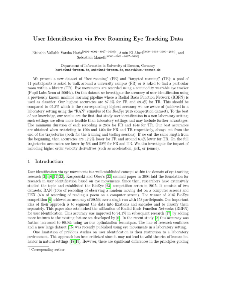 User Identification Via Free Roaming Eye Tracking Data | PDF