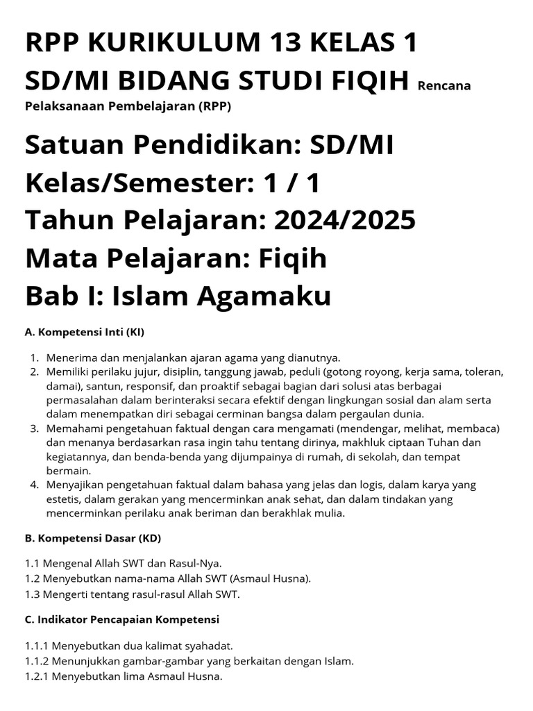 RPP Kurikulum 13 Kelas 1 Sdmi Bidang Studi Fiqih Semester 1 Tp ...