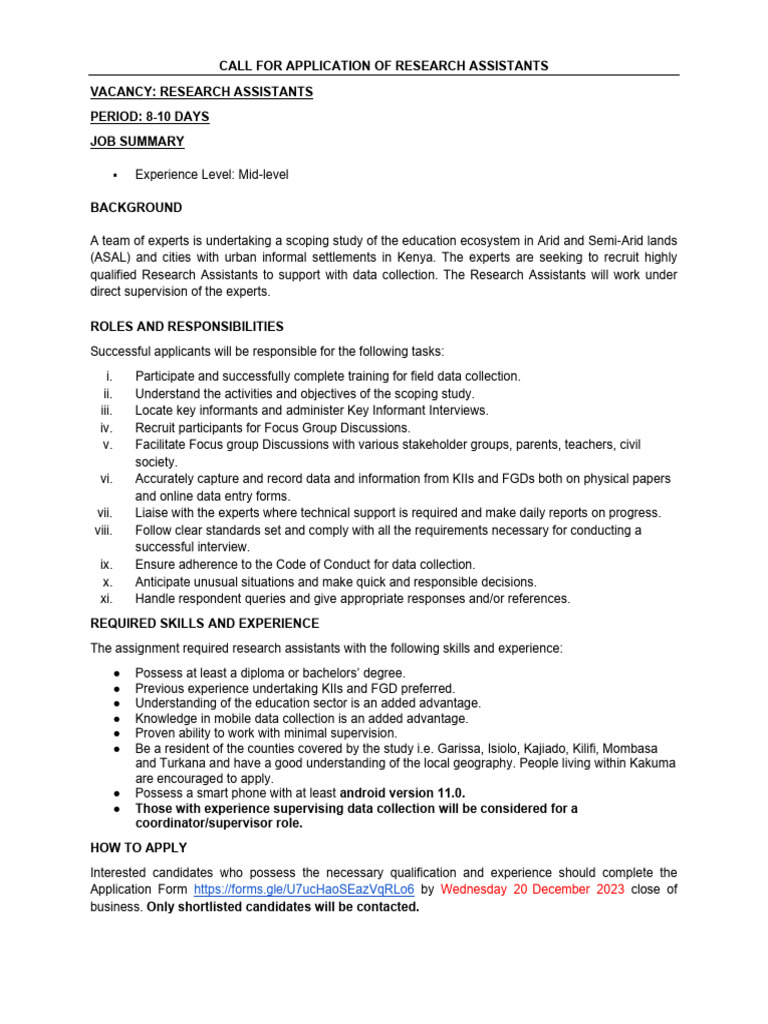 Call For Research Assistants - Porticus Study | PDF