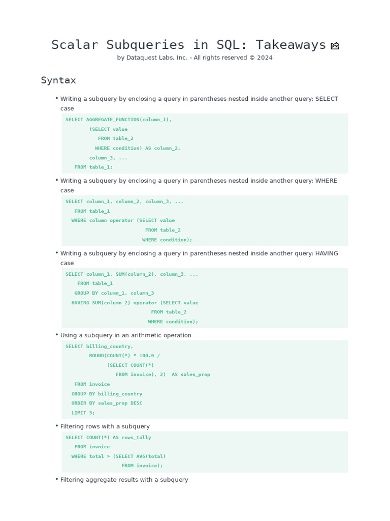 Mission 601 Scalar Subqueries in SQL Takeaways | PDF