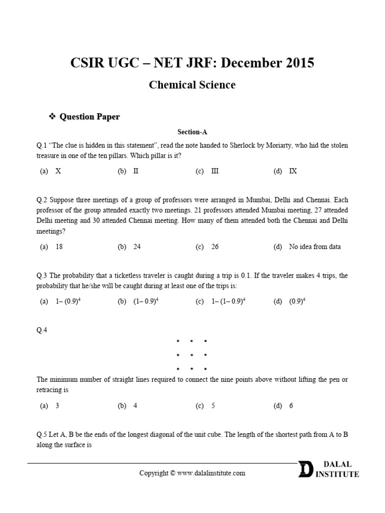 CUNJCSSP 11 1 Question Paper CSIR UGC NET JRF December 2015 Chemical ...