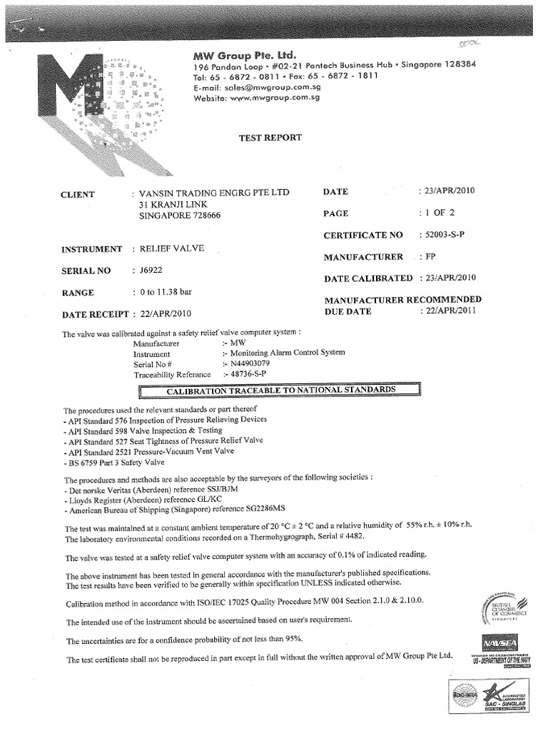A. Test Report and Certificate of Calibration For Relief Valve Serial ...