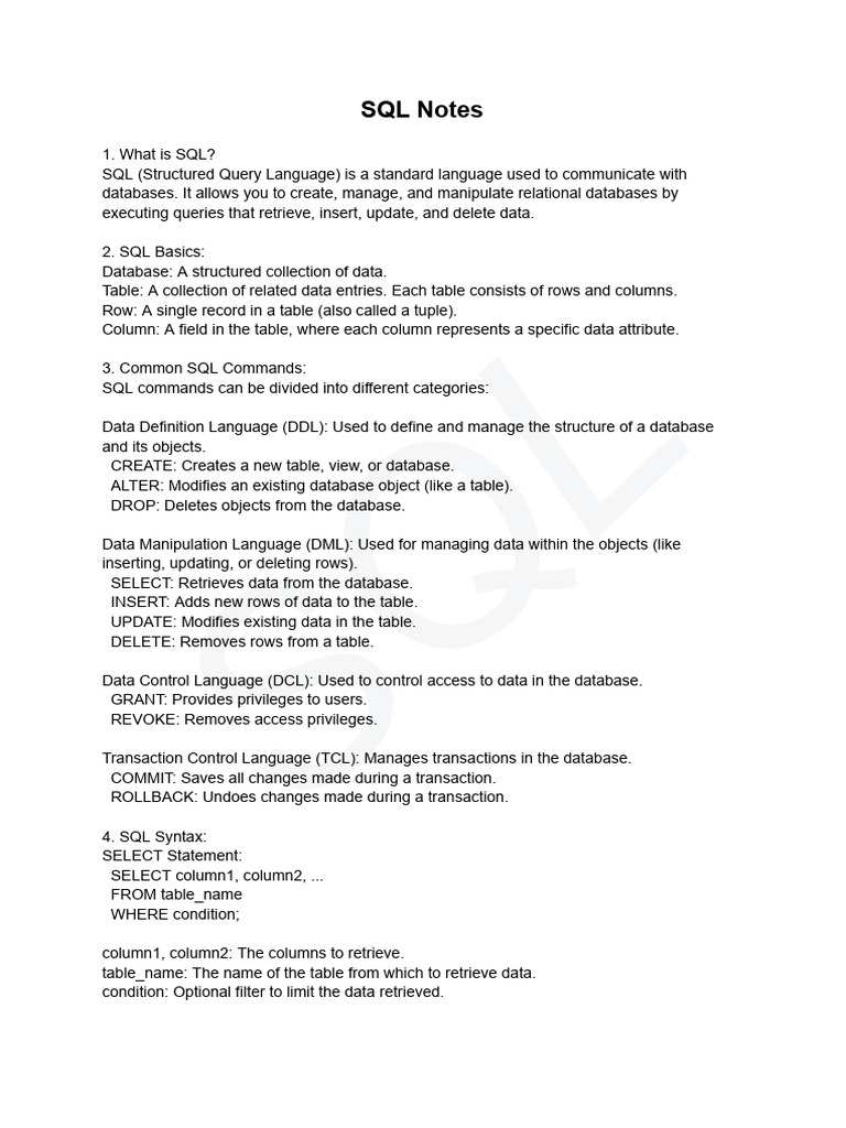 SQL Notes | PDF