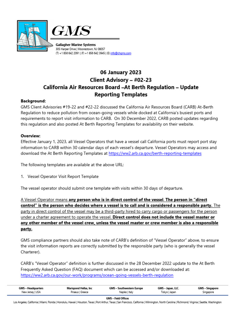 GMS Client Advisory 02 23 CARB at Berth Regulation Update PDF