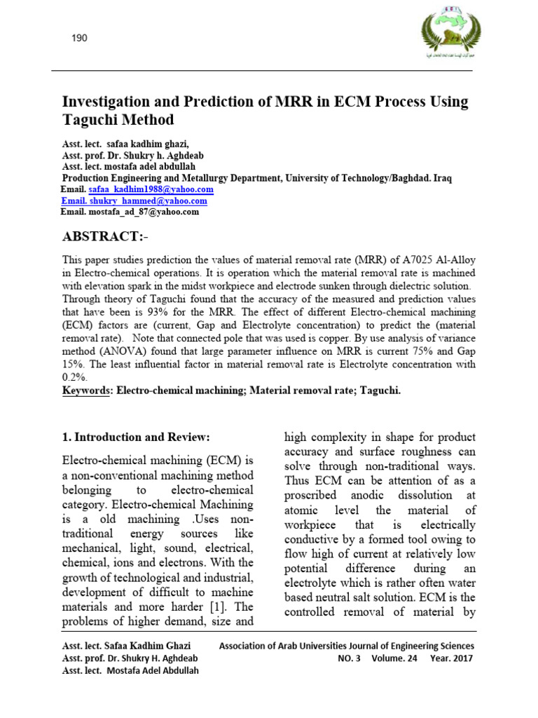 Investigation and Prediction of MRR in ECM Process Using Taguchi Method ...