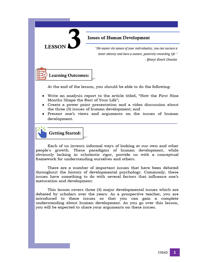 LESSON 3 Issues On Human Development | PDF | Behavior | Developmental ...