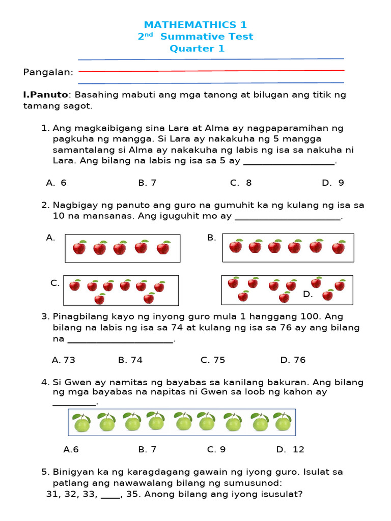 2nd Summative Test Math Q1 2024 2025 | PDF