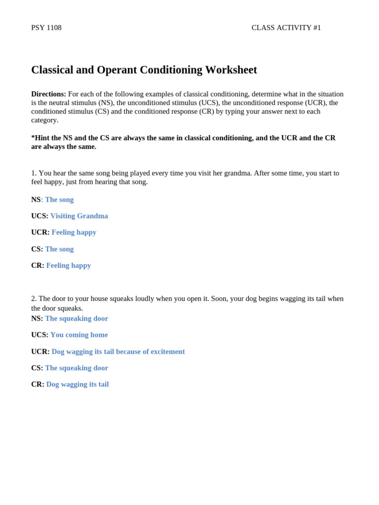 Class Activity 1 Classical Operant Conditioning Worksheet PDF