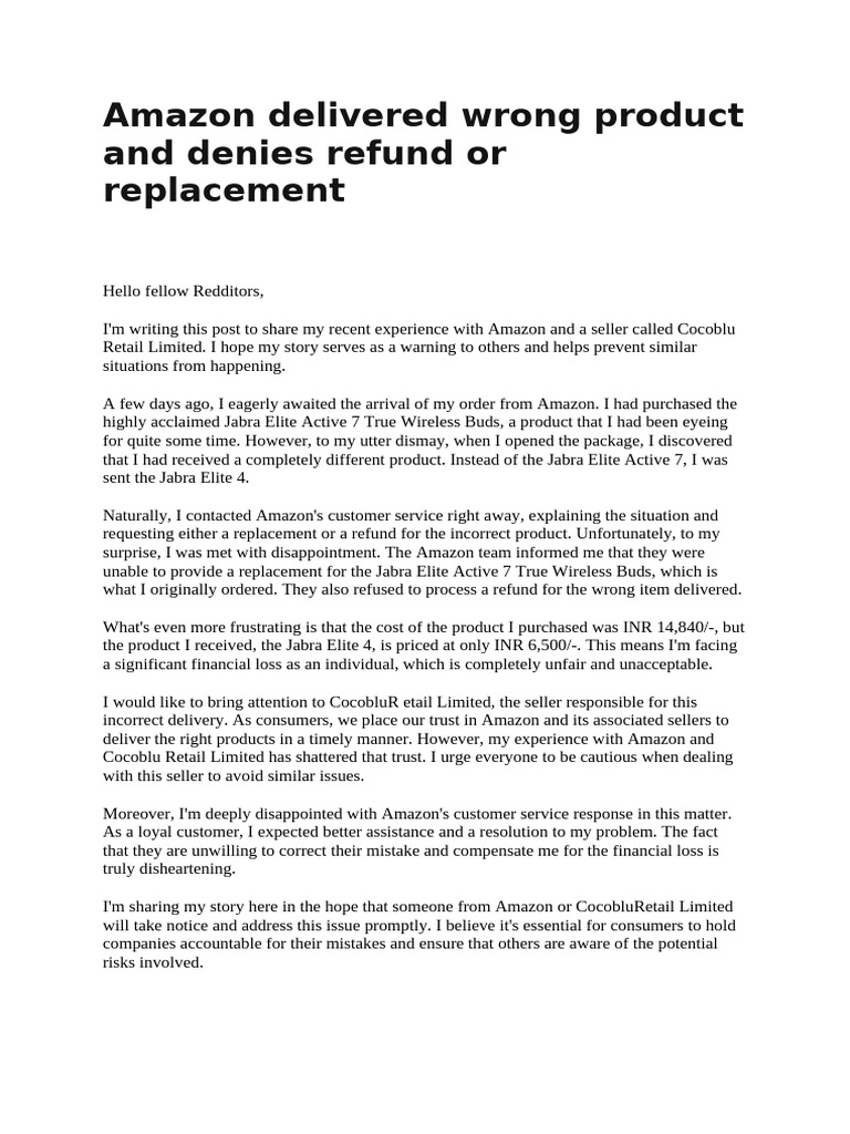 Amazon Delivered Wrong Product and Denies Refund or Replacement | PDF