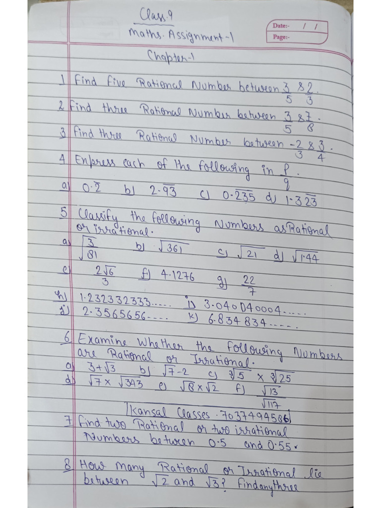 Class 9th Mathematics Assignment CH 1 | PDF