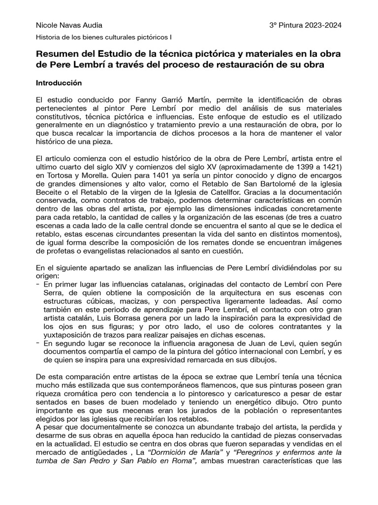 Resumen Del Estudio de La Técnica Pictórica y Materiales en La Obra de ...