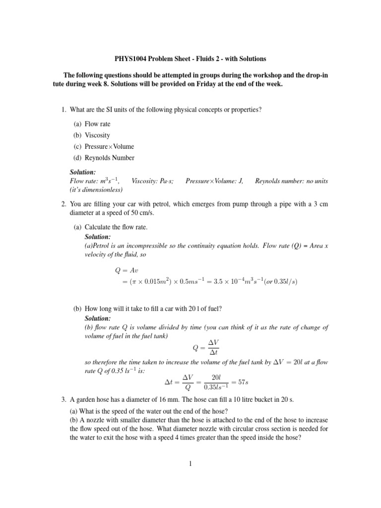PHYS1004 Fluids Problem Sheet Solutions | PDF | Reynolds Number ...
