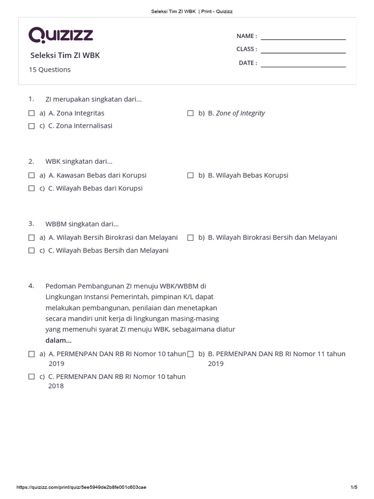 Contoh Soal Quizizz Zi Wbk Pdf