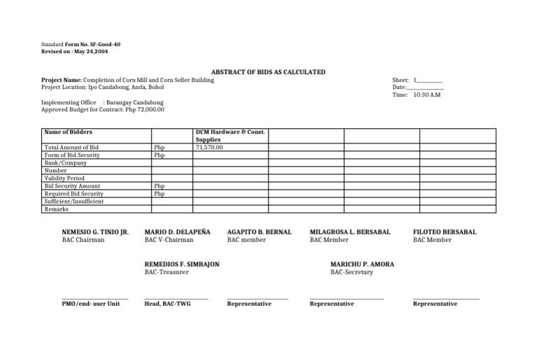 Abstract Of Bids Calculated Pdf