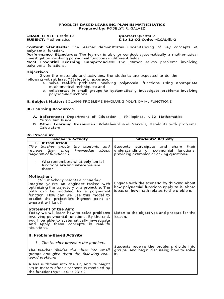 Problem-Based Learning Plan-Rodelyn Galvez | PDF