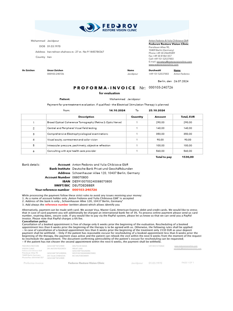 Proforma Invoice for Vision Evaluation | PDF | Visual Perception | Payments