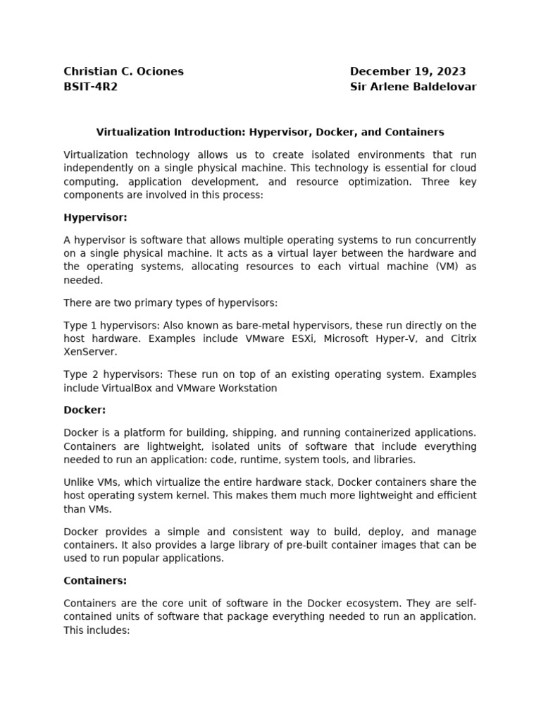 Intro To Hyperviser Docker and Containers Notes Revilla | PDF