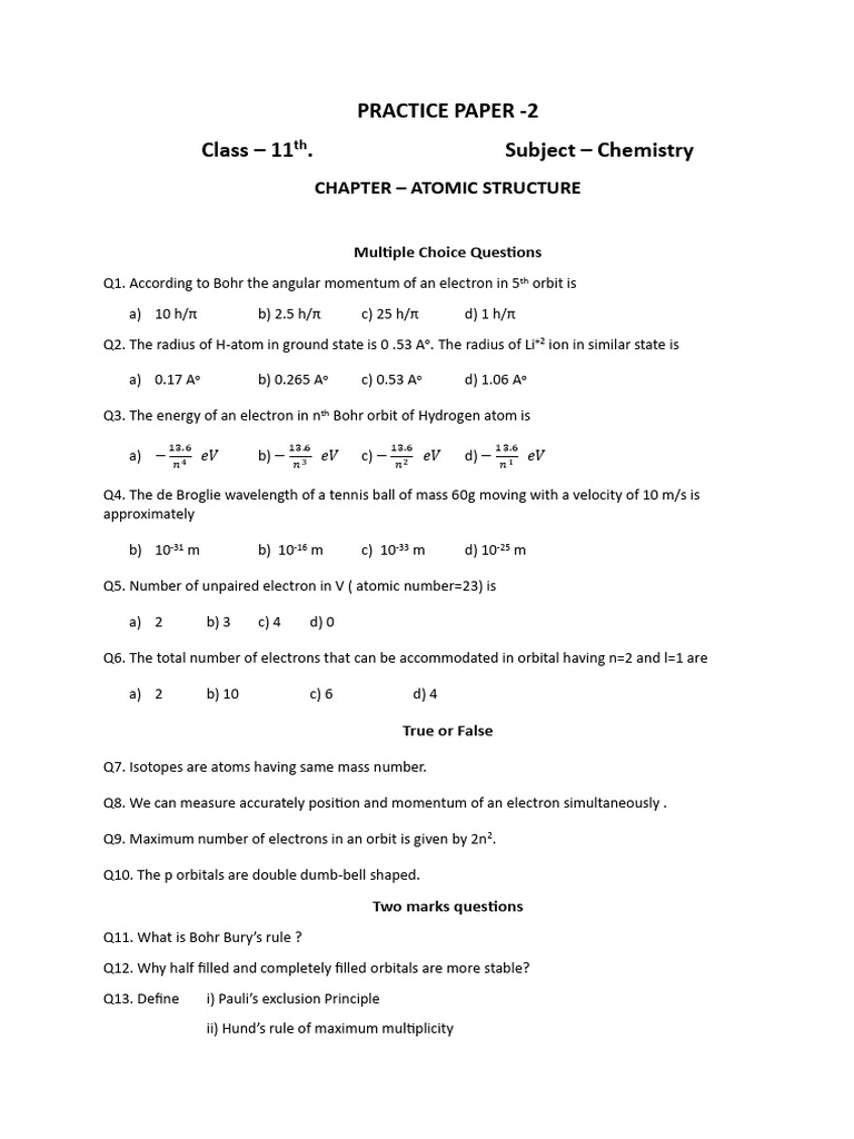 11th Chem Practice Paper 2 | PDF