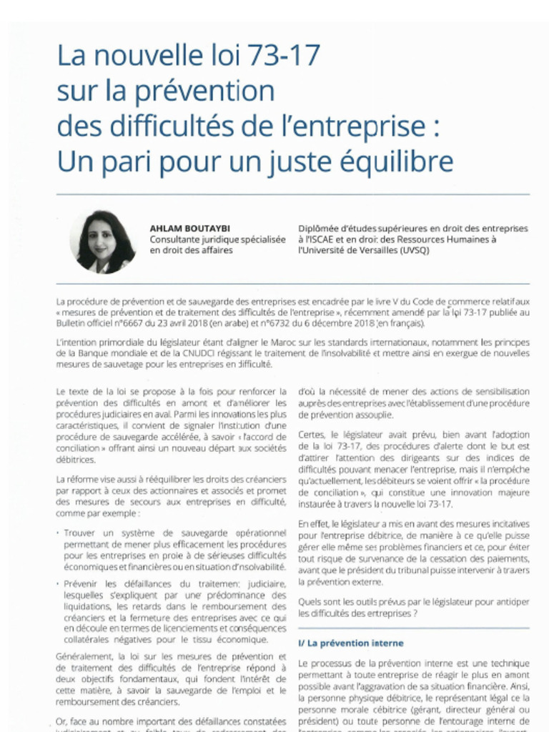 Loi 73 17 Sur La Prevention Des Difficultes de Lentreprise