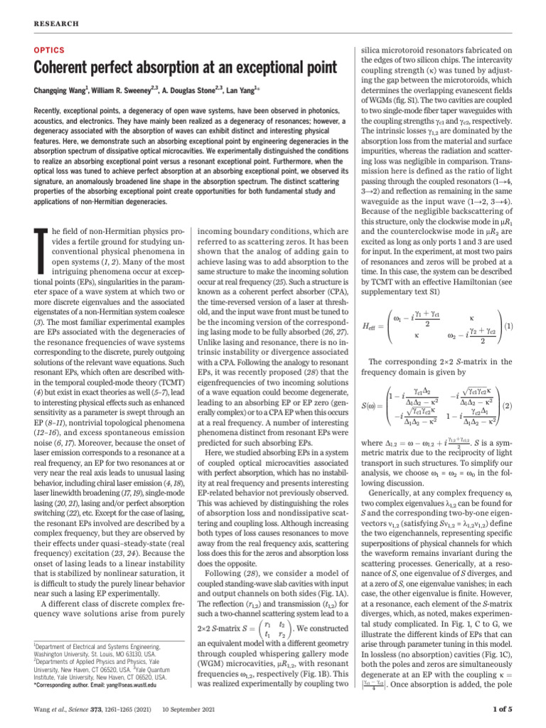 Coherent Perfect Absorption at An Exceptional Point | PDF