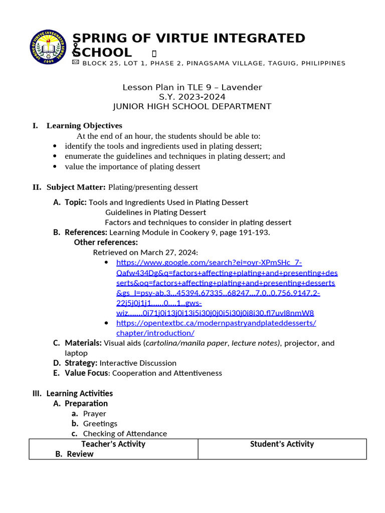 Lesson Plan Tle 9 | PDF