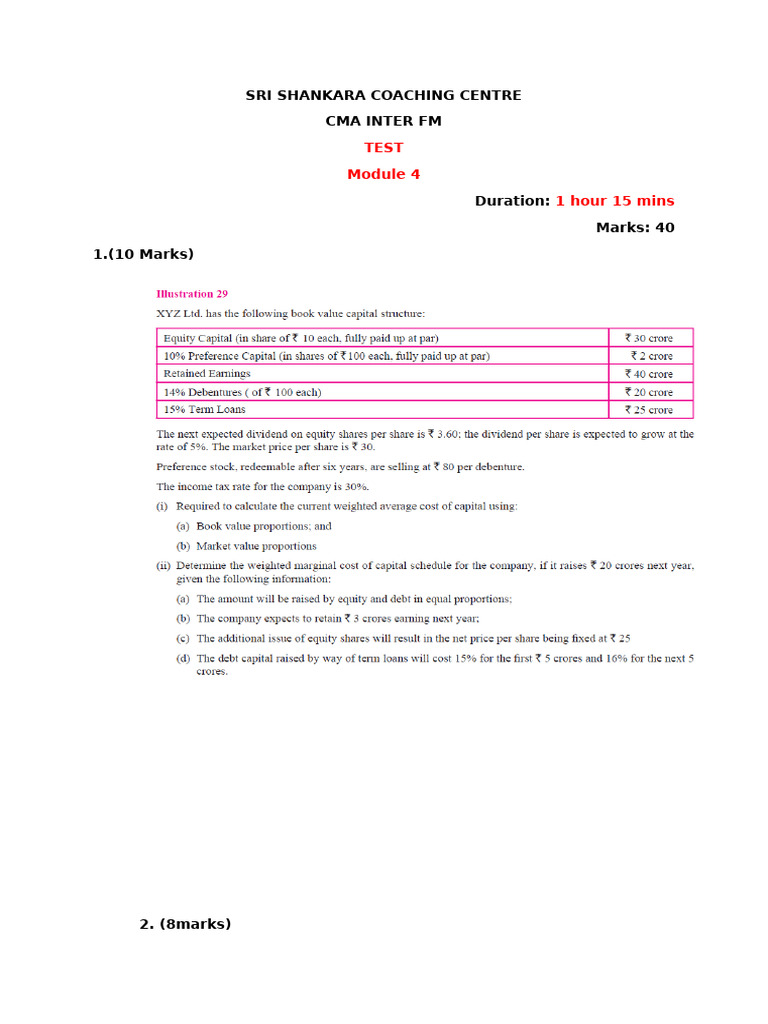 CMA - TEST - INTER - FM - Module 4 | PDF