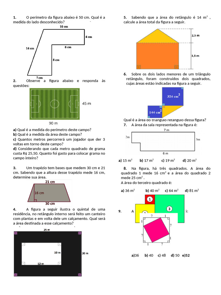 Atividade Area e Perimetro Figuras Planas | PDF