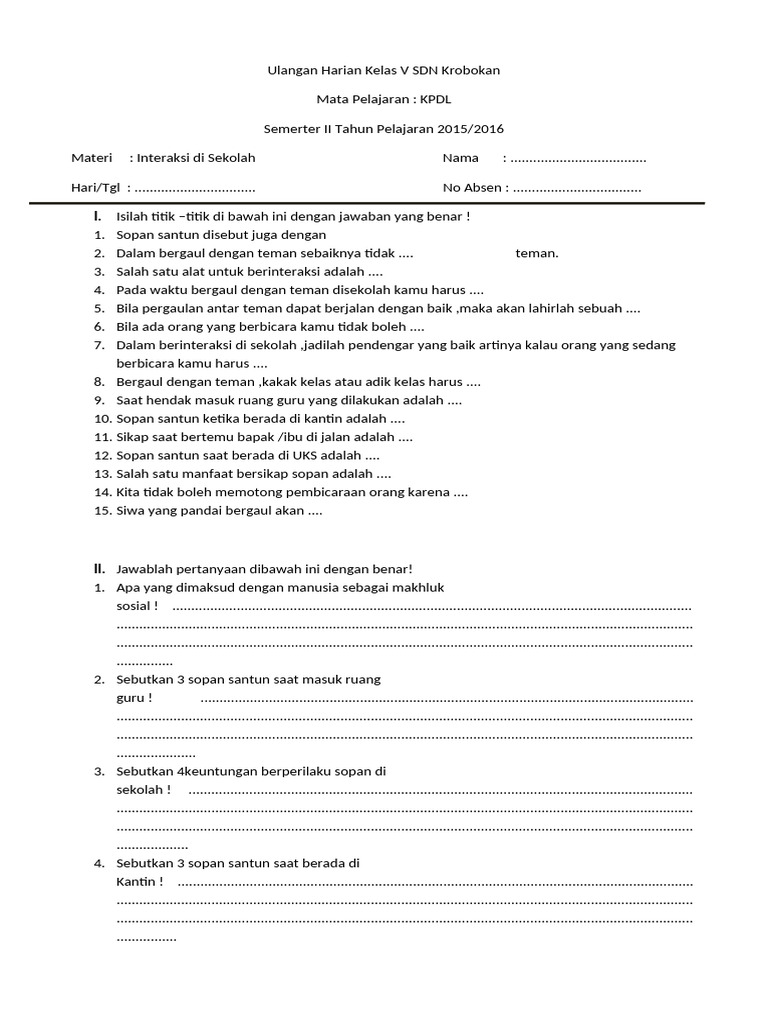 KPDL Interksi Kelas 5 sms2 | PDF