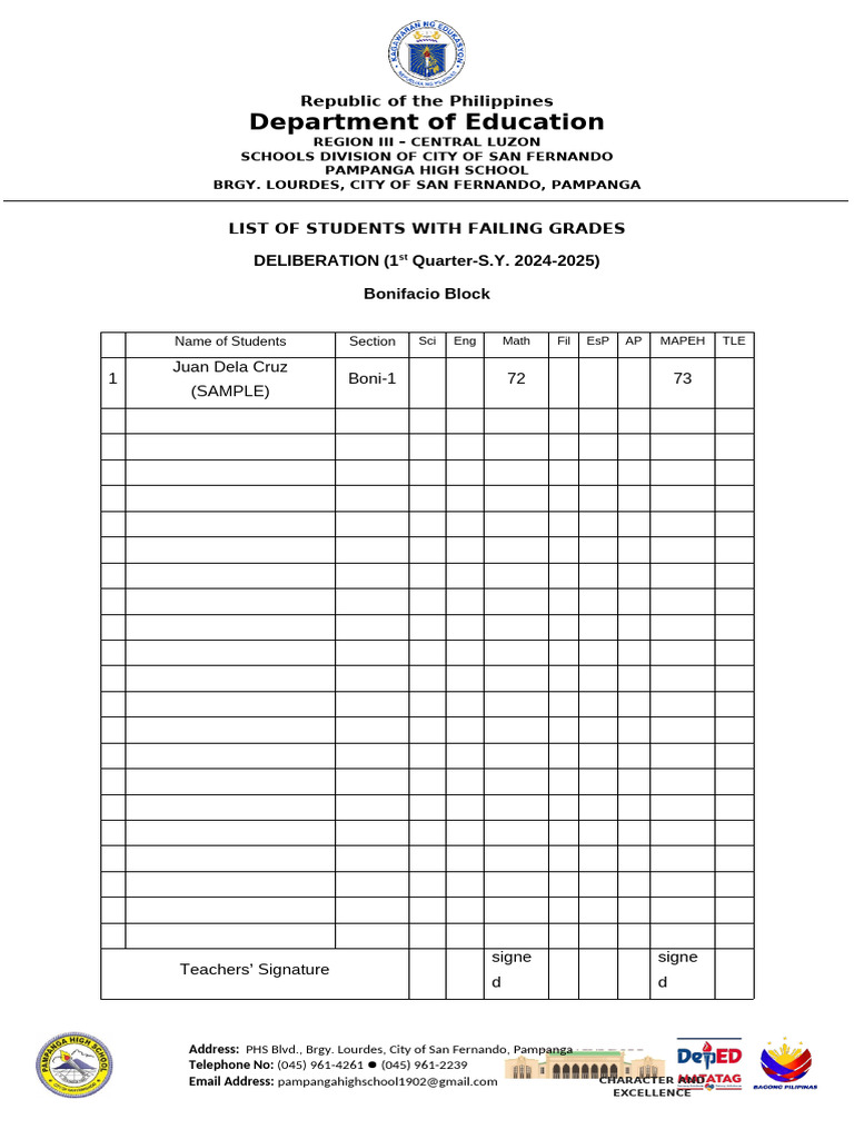 Failing Grades Deliberation List | PDF