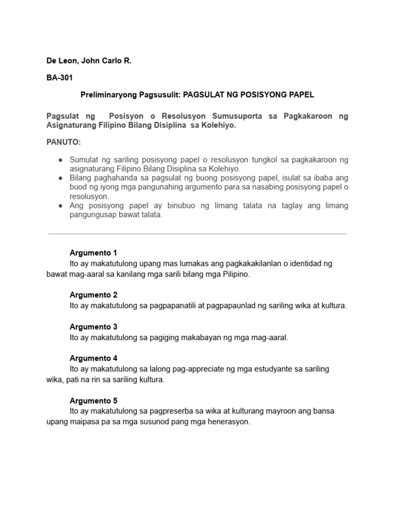 FILDIS - Preliminaryong Pagsusulit - PAGSULAT NG POSISYONG PAPEL | PDF