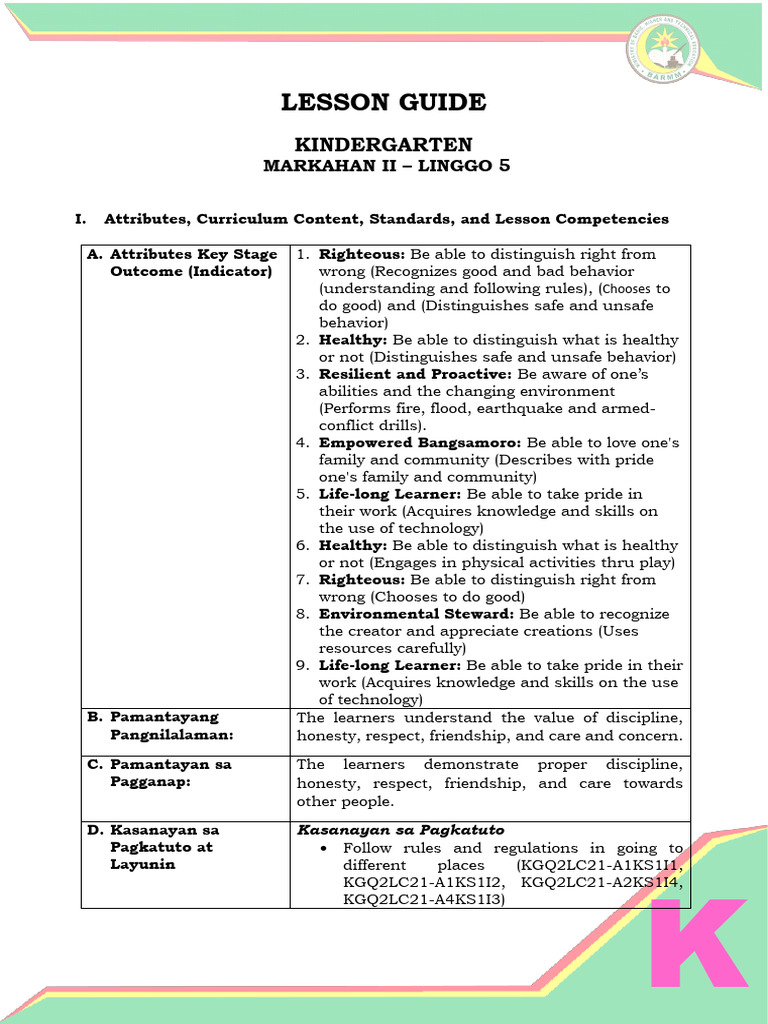Lesson Guide: Kindergarten | PDF