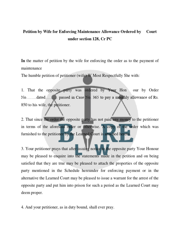 Draft of Petition by Wife For Enforcing Maintenance Allowance Ordered ...