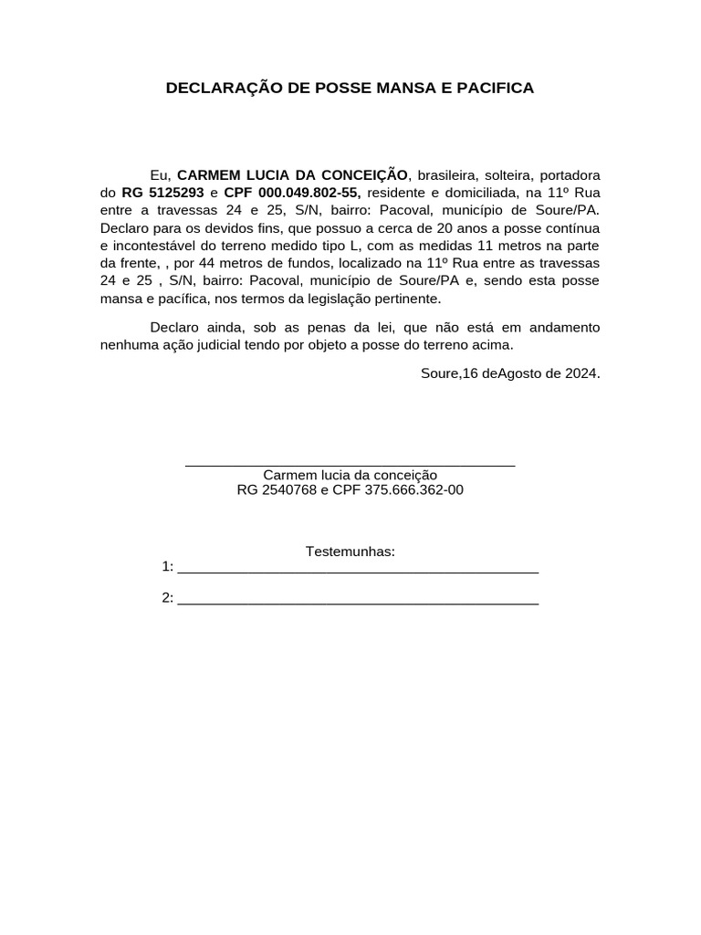 Declaração De Posse Mansa E Pacifica Rosangela Pdf