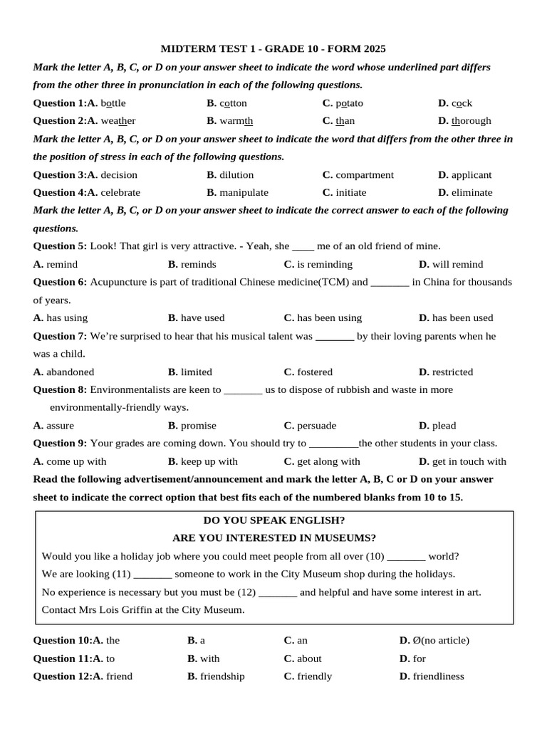 MIDTERM TEST 1.docx Đề 1 Lớp 10 | PDF