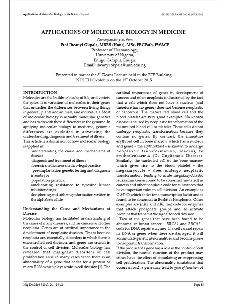 Applications of Molecular Biology in Medicine 1 | PDF