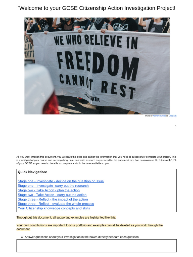 Gcse Citizenship Taking Citizenship Action Investigation Project Pdf