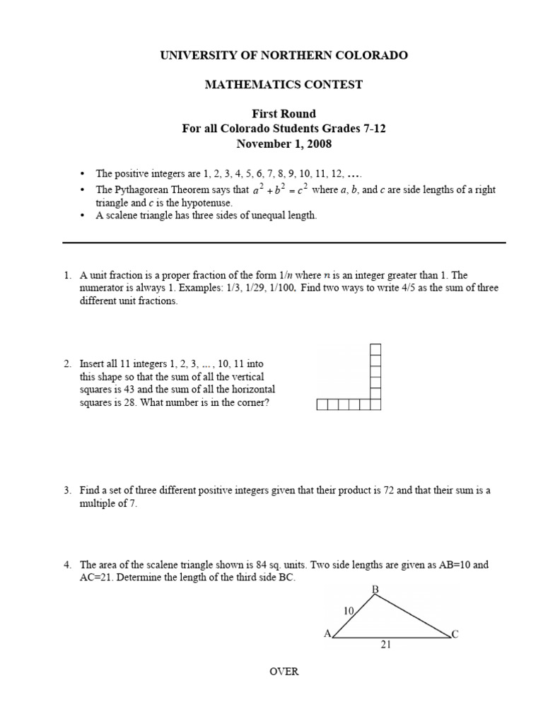 University of Northern Colorado Mathematics Contest First Round For All ...