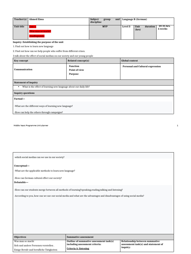 Unit Planner 1 Level 3 | PDF