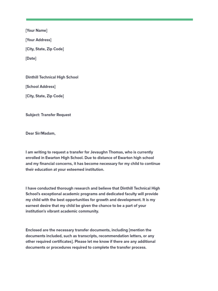 Student Transfer Request to Dinthill High | PDF