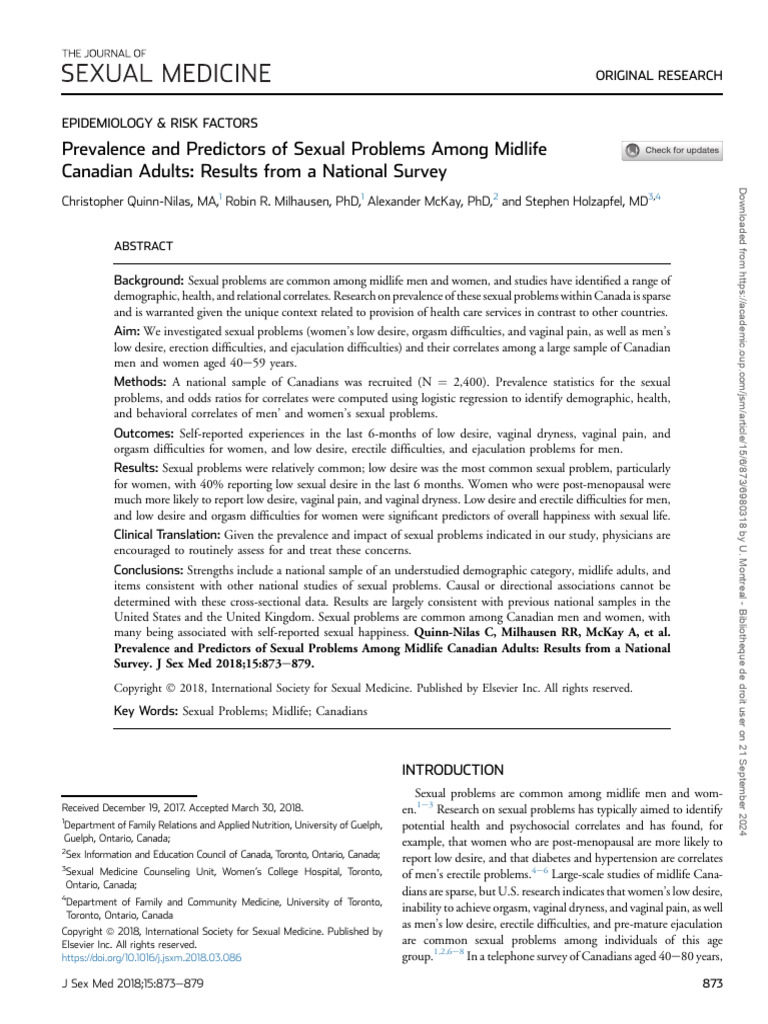 Prevalence and predictors of sexual problems among midlife canadian