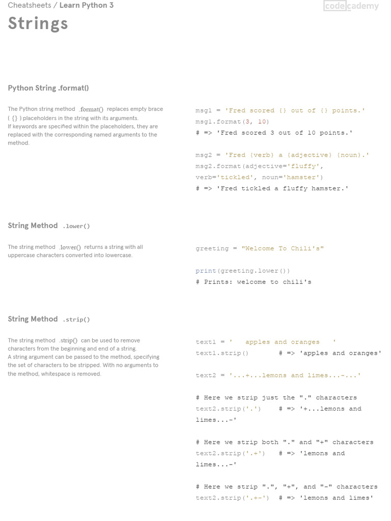Learn Python 3 - Strings Cheatsheet - Codecademy | PDF