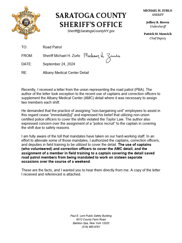 Saratoga County Sheriff Zurlo's Letter To Unions | PDF