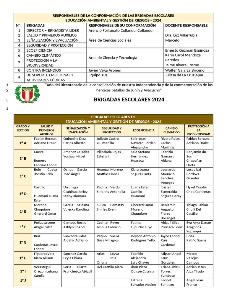 Responsables de La Conformación de Las Brigadas Escolares | PDF