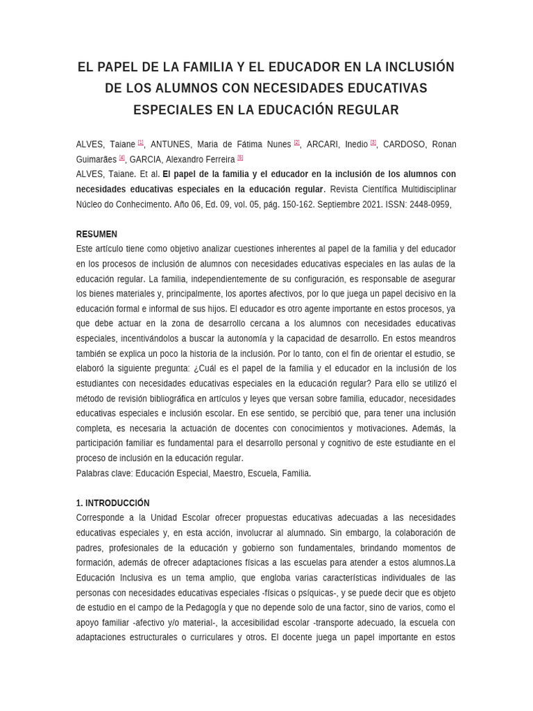El Papel de La Familia y El Educador en La Inclusión de Los Alumnos Con ...