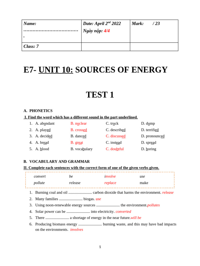 E7 - Unit 10 Test 1 | PDF
