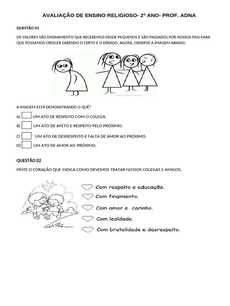 Avaliação de Ensino Religioso 2 Ano | PDF