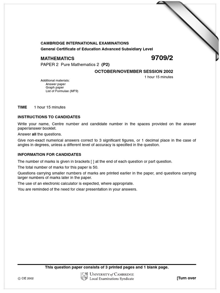 Mathamatics Paper 2 Cambrige 2002 | PDF
